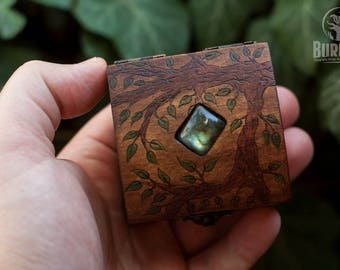 wooden box, jewelry box, custom box, keepsake box, casket, beautiful box, box for rings, labradorite, floral ornament, little box, tiny box