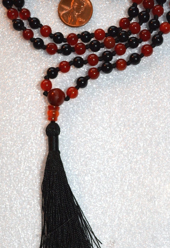 Red & Black Onyx w/ Carnelian Hand Knotted Mala Beads Necklace ...