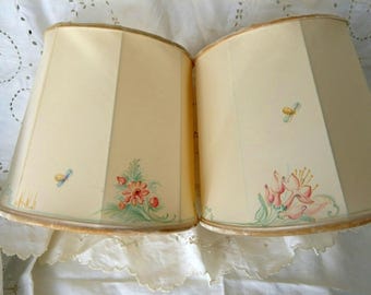 2 Signed Lamp Shades artist Helen Woods hand painted silk Floral Bumble Bee Scrolls Off white lined Original label Boudoir Child room Decor
