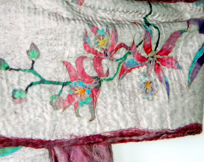 Silk wool Nuno felt scarf Orchids scarf Felt Wrap Womens scarves Handpainted shawl Evening Wool wrap shawl Gift fo her Wool Accessories