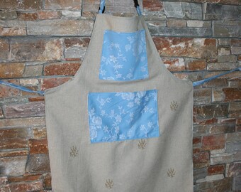 kitchen apron - linen and cotton - pockets blue ticking
