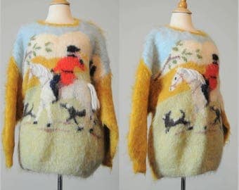 70s Mohair Sweater Equestrian Bird Dog Hunting L