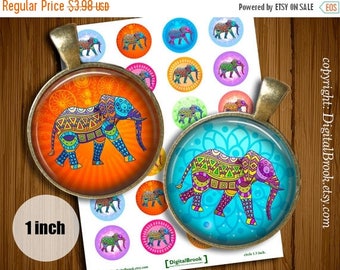 SALE 50% Ethnic Elephants Digital Collage Sheet 1inch 25mm Printable Circles Download for pendants magnets bottle cups Cabochons - 113