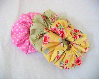 Hair Scrunchies/Retro Hair Accessories/Floral Hair Scrunchies/Yellow hair Scrunchie/Green Hair Scrunchie/Pink Polka dot Hair Scrunchie
