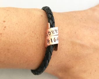 personalised leather bracelet, black leather, wrapped custom message, mens bracelets, gifts for him, men's jewellery, leather jewelry