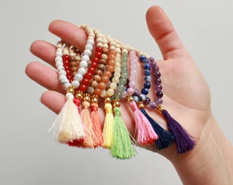 Gemstone and Tassel Bracelet with Wood Beads // Crystal Beaded Bracelet // Bracelet Mala // Quartz, Aventurine, Amethyst, Agate, Sodalite