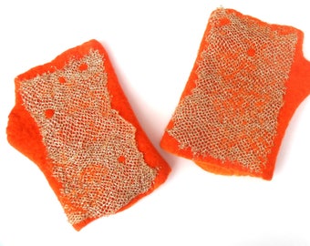 Orange fingerless gloves with felted gold thread