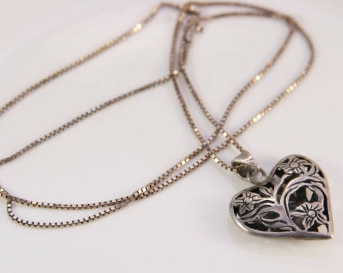 Silver Heart Necklace Graduation Gift Vintage Flower Puffed Heart Pendant Art Nouveau Necklace Open Work Valentine Gift Antique Love Charm