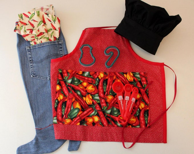 Childs Chili Pepper Cooking Apron. Red with large Chili Pepper Pocket. BBQ with Dad or Cooking with Mom