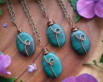 Malachite necklace, Malachite, crystal necklace, green stone, wire wrapped, crystal , prosperity
