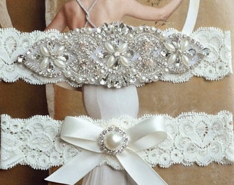 ON SALE Wedding Garter, Rhinestone and Crystal Garter Set, Ivory Lace Bridal Garter, Pearl Wedding Garter Set, Garter, Rhinestone Applique G