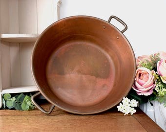 large vintage copper preserving pan with brass handles
