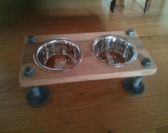 Rustic industrial pipe and wood pet feeder | rustic elevated dog bowl feeder | elevated pet feeding bowls