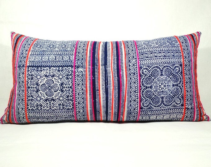12"x24" Beautiful Hmong Batik Pillow Cover, Indigo Cotton Cushion Cover, Tribal Decorative Pillow Case, Hill Tribe Ethnic Pillow Cover