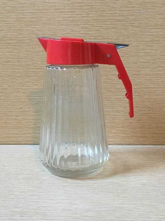 Vintage Syrup Dispenser clear glass with RED lid RETRO