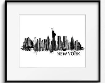 New York City Skyline Watercolor Black and White Art Print (238) New York City Cityscape, New York City Art Print USA Art Print
