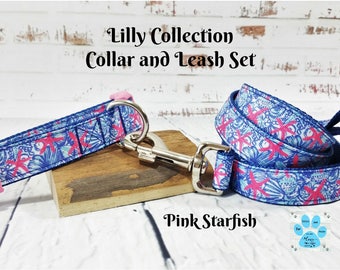 Pink Starfish Dog Collar and Leash Set, Lilly Pulitzer Inspired Collar & Leash Set, She She Shell, Preppy Dog Collar, Girl Dog Collar
