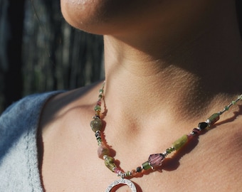 Graduated Watermelon Tourmaline + Thai Hilltribe Silver Necklace with Tribal Spiral Pendant