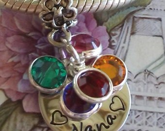 Hand Stamped, NANA, MIMI, Grandma, Granny, Mom, Mommy,Swarovski Birthstones, Pandora, Biagi, European style charm, bracelet