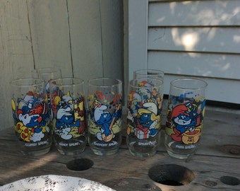 Seven Vintage Smurf Glasses
