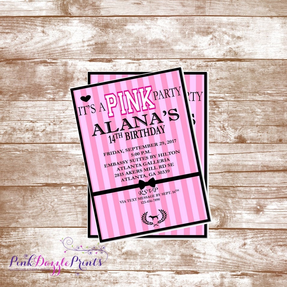 Printable 5x7 Victoria's Secret Pink Birthday Invitation
