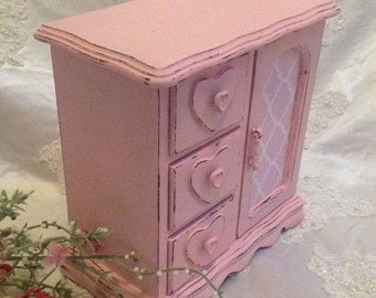 Jewelry Box Armoire Shabby Chic Wood Handpainted Pink Jewelry Storage Box