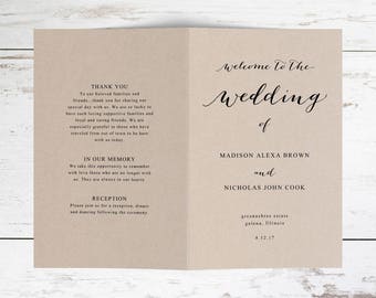 Folded Wedding Program Template, Rustic Wedding Program Template, Caligraphy wedding Program Template, Edit Yourself in MS word