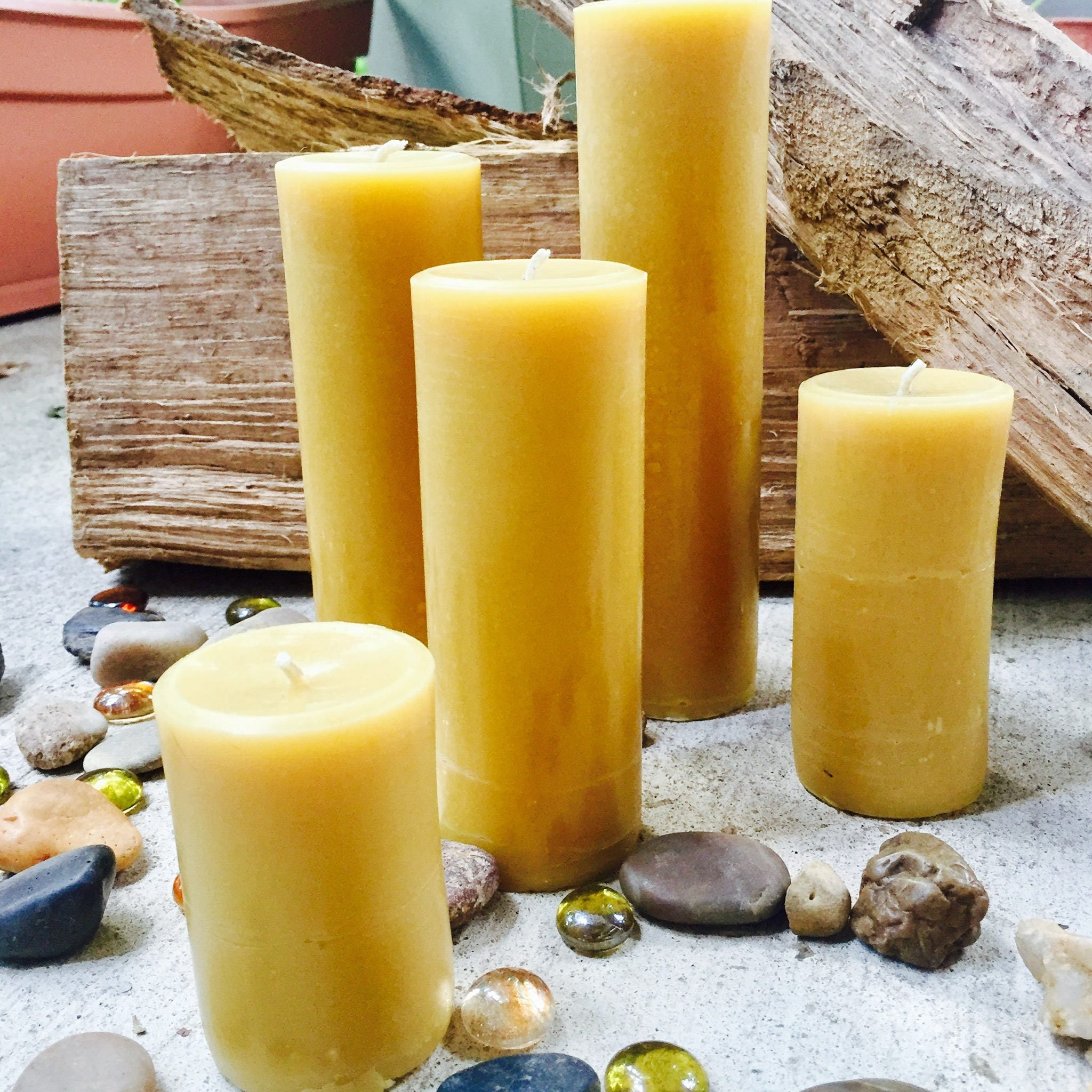 100 Pure Beeswax Pillar candles. 2 in diameter and up to 8 tall