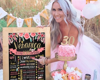 Printable ADULT 30th Birthday chalkboard sign 20th 40th 50th birthday Floral Flowers chalk board milestone cake smash fun gift for her (331)