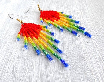 Rainbow earrings Bright earrings Colourful earrings Long earrings Seed Bead earrings peacocks Beaded earrings Multicolor earrings beadwoven