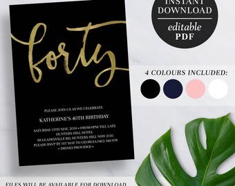 Printable 40th Birthday Invitation Gold Foil | Editable Template | Faux Foil | 40 | Forty | 40th Birthday Invite | Navy | Pink | Black