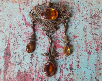 Broche Ancienne Trèfle En Vermeil Et Citrine Naturelle - Bijou Antique, Occasion