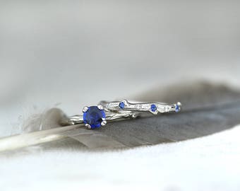 Natural Ceylon Blue Sapphire Engagement Ring-9ct White Gold Blue Sapphire Twig Engagement Ring and Diamond Twig Wedding Band-Ready to Ship