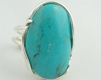 Natural Oval Turquoise Adjustable Ring- Sterling Silver