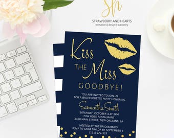 Bachelorette Invite, Kiss The Miss Goodbye, Navy Blue and Gold, Gold Confetti, Gold Lips, Gold Kiss, Bachelorette Party, Print At Home, SH59