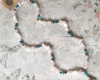 Rose Quartz, Turquoise, Garnet & Sterling Silver Necklace