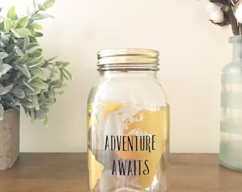 Mason Jar Piggy Bank//Mason Jar Bank// Savings Jar// Vinyl Mason Jar// Piggy Bank// Adult Piggy Bank//Adventure Awaits//Savings Fund