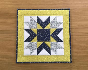 Yellow table topper, quilted table topper, yellow table runner, navy blue table topper, quilted table mat, table centrepiece, wall hanging