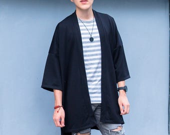 Men's Long Black Japan Kimono Cardigan, Man Noragi Coat, Oversized Street Haori Jacket, Summer Streetwear Loose Style Yukata Spring Overcoat