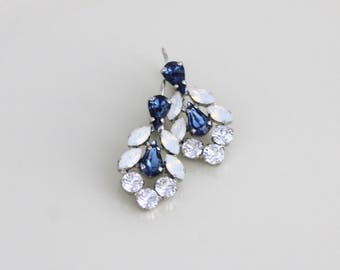 Bridal earrings, Navy Blue crystal, Bridal jewelry, White opal earrings, Swarovski earrings, Crystal earrings, Wedding earrings, Dangle