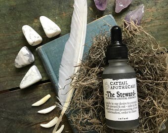 The Steward / Flower & Crystal Essence / Ghost Pipe Flower, Indian Pipe, Amethyst, Fluorite, Howlite / Study Aid, Grounding / Vegan Organic
