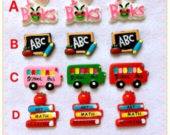 5pcs Back to school flatback resin school cabochon ABC letter resin I love book resin school bus resin school hair bow center