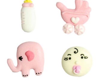 Handmade Pink Baby Girl Sugar Decorations - Cupcake, Cake, Cookie Sugar Decorations. Edible Cake Toppers. New Baby - Baby Shower Pack of 12.