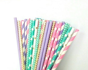 Mermaid Paper Straws - Teal, Light Purple, Pink, & Gold Drinking Straws - Mermaid Birthday Party Decorations - Purple and Aqua Decorations