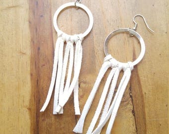 Deerskin Fringe Hoop Earrings, White, Genuine Leather, Soft Leather, Antique Silver Hoops, Rustic Fringe Boho Statement Style