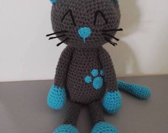 Cat 'Yv' 37 cm tall grey blue turquoise crochet