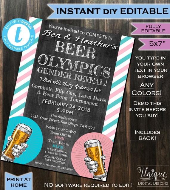 Beer Olympics Gender Reveal Invitation Baby Shower Invite Boy