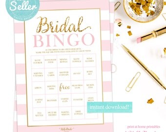 Bridal Shower Bingo - 50 BINGO BOARDS - Wedding Shower Bingo - Pre-Filled Bingo Cards - Pink and Gold - Bridal Shower Games - RS001