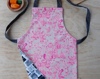 Toddler apron, reversible apron, kids apron, woodland design, fox apron, bear apron, pink apron, cat apron