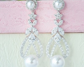 Bridal Pearl Earrings Bridal Earrings CZ Pearl Earrings Long Pearl Earrings Rhinestone Pearl Earrings Pearl Dangle Earrings Bridal Jewelry